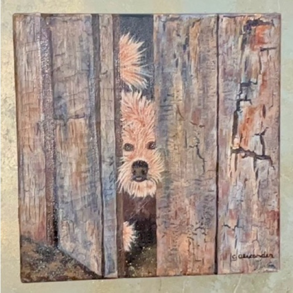 Carolyn Alexander Original Painting 12” X 12” Painted Sides Frameless Cute Dog